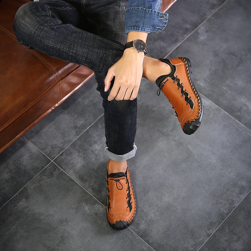 Comfortable Men Casual Shoes Loafers Split Leather Man Flats shoes for men Big Size 38~48 chaussure homme | Обувь