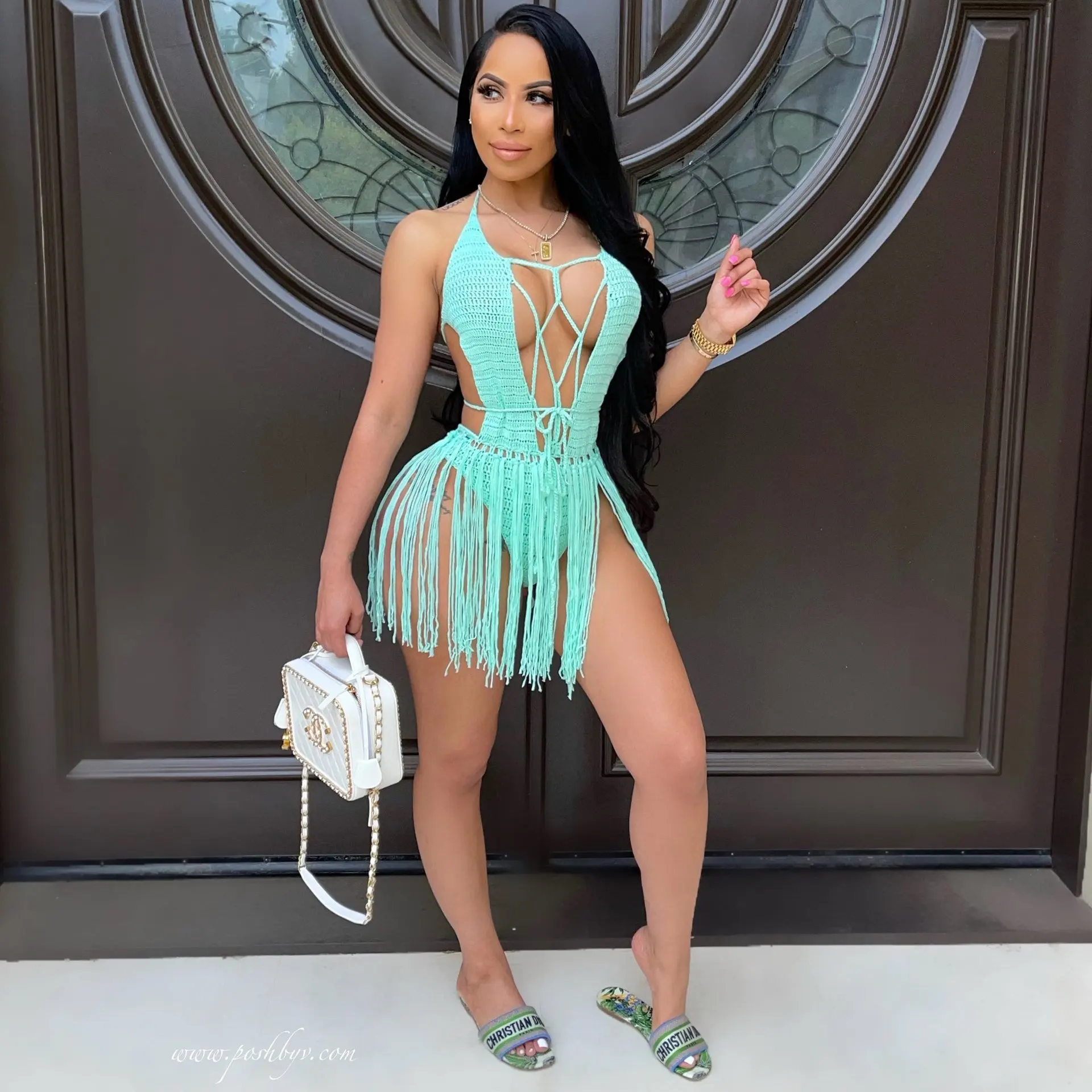 

RT Sexy Women Knitted Dress Halter Backless Tassels Crocheted Mini Dresses Hollow Out Bodycon Crochet Beach Dress