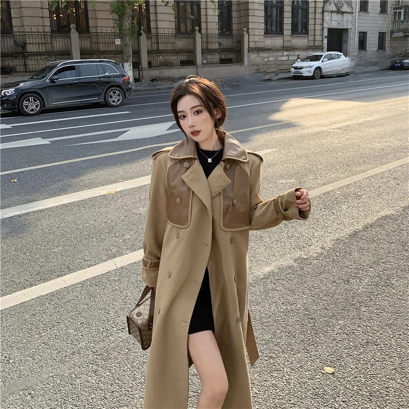 

Retro Vintage 2021 spring double-breasted coat outerwear large size block color womens trench coat