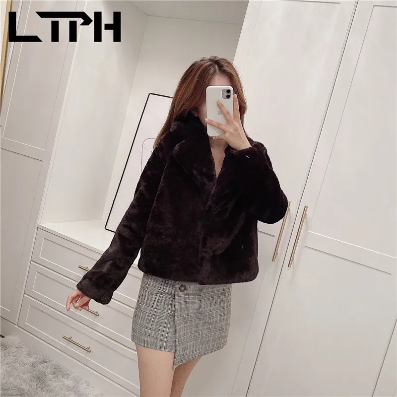 

LTPH High Quality Korean Elegant faux fur coat women Fashion simple black Loose jacket coat Thicken Warm Outwear 2020 Winter New