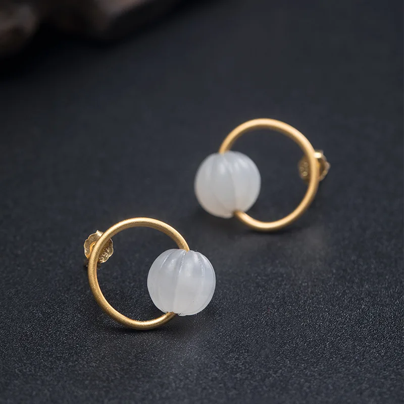 

S925 Sterling silver Simple gold-plated Hetian jade pumpkin earrings female new fashion earrings female ins cold wind