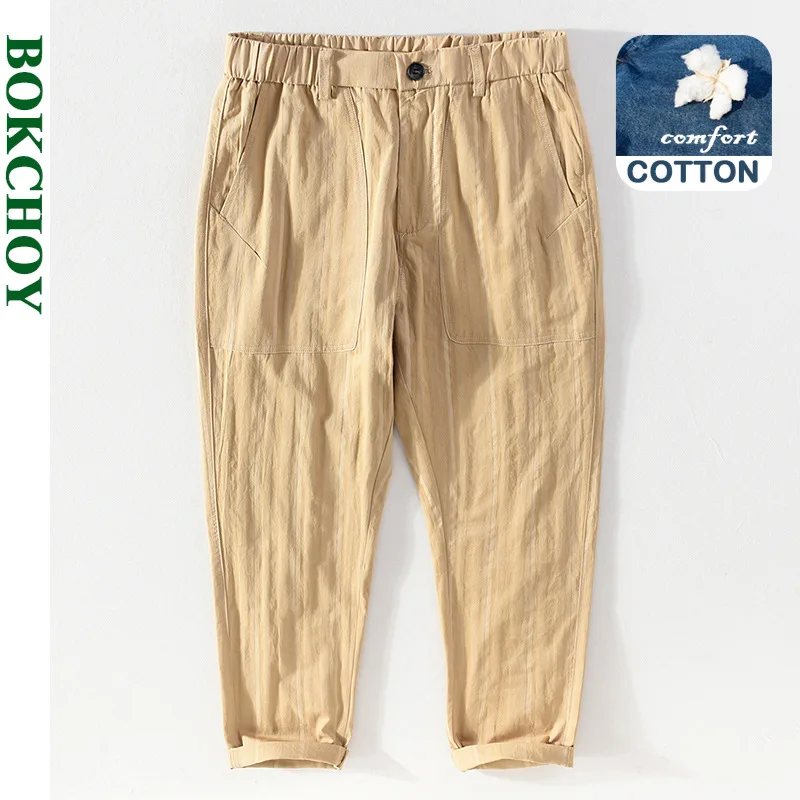 

2021 Autumn Winter New Men Casual Pants Korean Version of The Trend of Youth Striped Elastic Cotton Trousers Khaki Workwear 3013