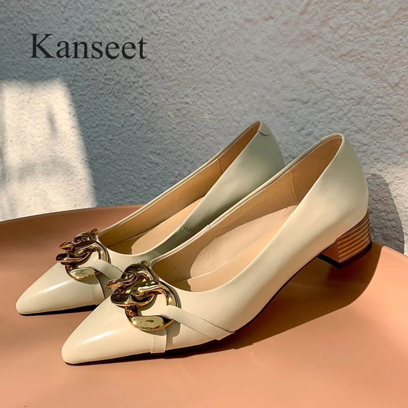 

Kanseet New Handmade 2021 Women Pumps Chain Genuine Leather Party Dress Office Comfort Mid Heels Footwear Shallow Female Shoes
