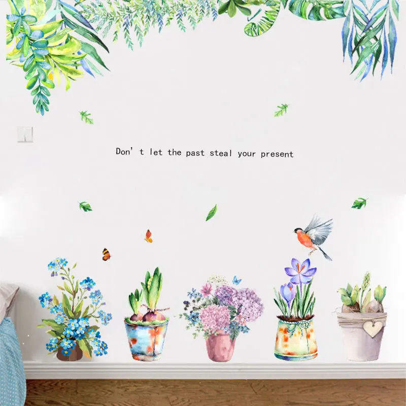 

Potted Plants and Bird Wall Stickers for Living Room Bedroom Porch Kitchen DIY Vinyl Self-adhesive Wall Decals Plants Wall Mural