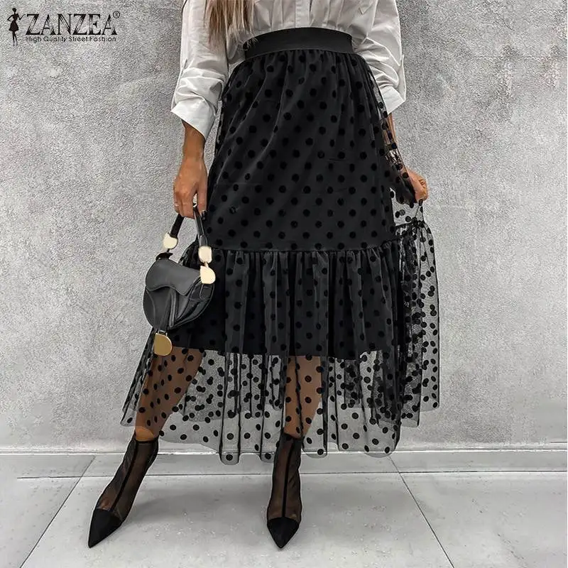 

Oversized ZANZEA Women Vintage Skirts 2021 Summer Lace Patchwork Maxi Skirts Casual Solid Elastic Waist A-line Holiday Bottoms