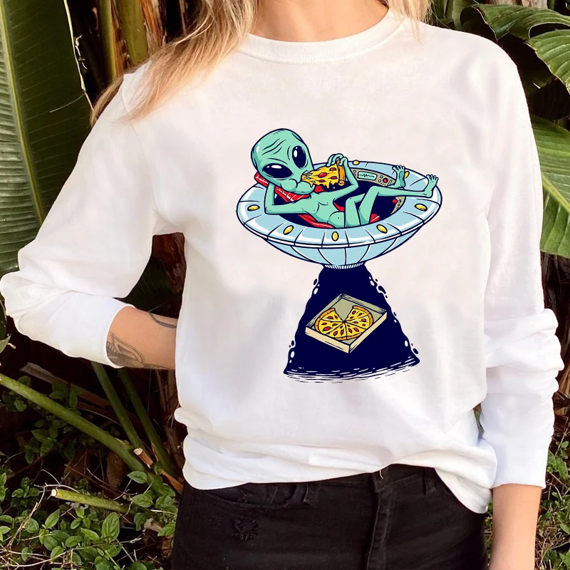 Женские повседневные футболки из 100% хлопка с принтом съешь пиццу инопланетянин