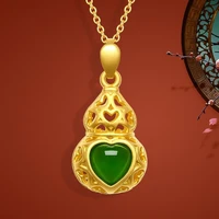natural green hetian jasper handmade carved gourd pendant fashion jewelry womens 925 silver inlaid necklace gift accessories