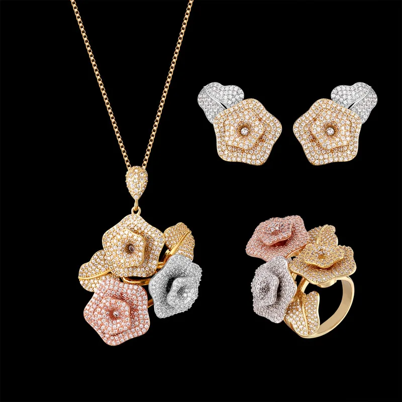 

Набор свадебных украшений Zlxgirl для женщин, классическое ожерелье, серьги и кольцо в виде цветка розы, роскошный медный комплект свадебной би...