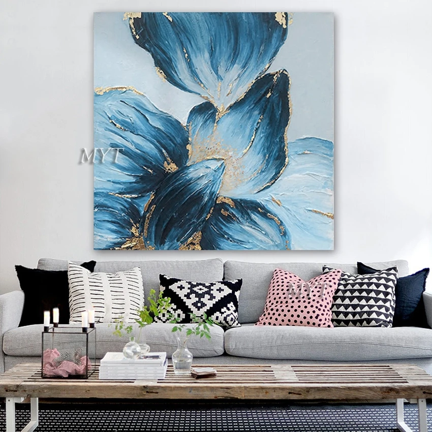 100% ручная роспись Золотая фольга текстурированный цветок картина маслом холст