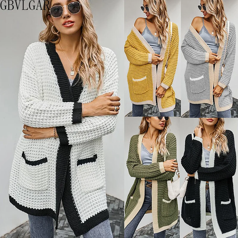

Women Casual Loose Pockets Cardigan Jacket Sweater Female Long Open Stitch Sweater Coat White Black Spring Autumn Outwear 2021