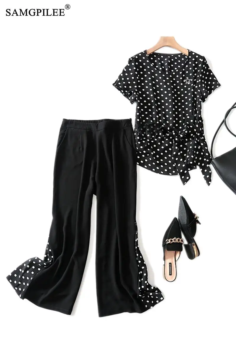 

Two Piece Set Summer Short Sleeve Casual Sets Pullover O-neck Elastic Waist Polka Dot Full Length Two Piece Set Top And Pants