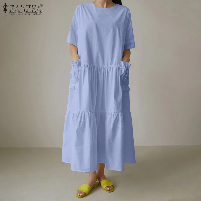 

ZANZEA Famale Sundress Casual Pockets Baggy Dress Short Sleeve Midi Vestidos Lady Fashion O-Neck Robe Dresses Woman Summer 2021