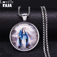 stainless steel glass christian jesus virgin necklaces menwomen silver color religion round jewelry collares n5232s03