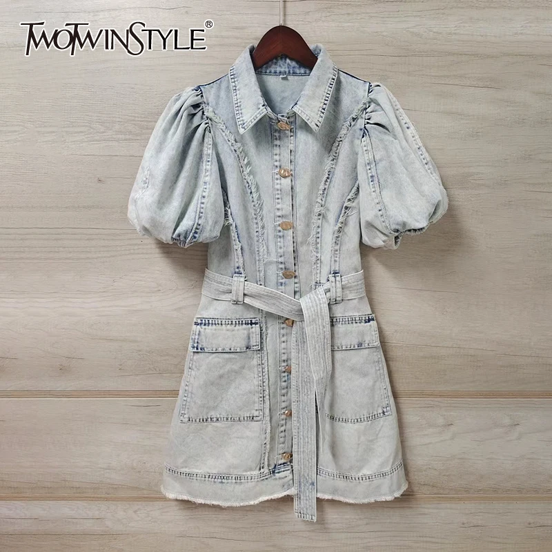 

TWOTWINSTYLE Blue Patchwork Denim Casual Dress For Women Lapel Puff Short Sleeve High Waist Mini Dresses Female 2021 New Stylish