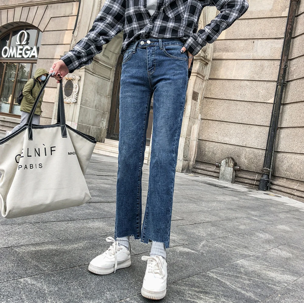 

Women's trousers Korean style nine-point jeans female students solid color trousers suitable for female high-waist cowboy