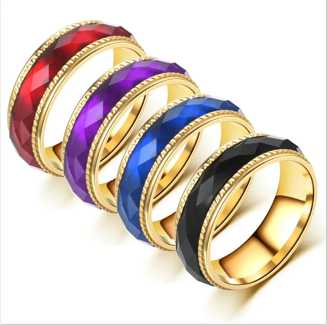

New style stainless steel ring blue red black pink fashion diamond shaped titanium steel ring 8mm