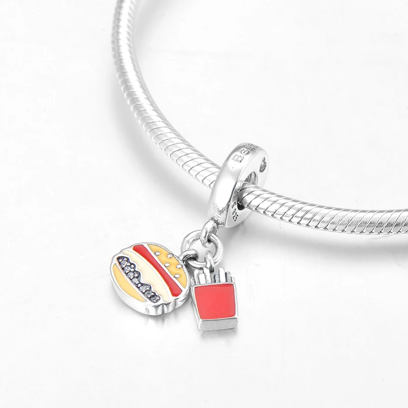 Новые поступления 925 пробы Серебряный бургер и картофель фри форма Красочные