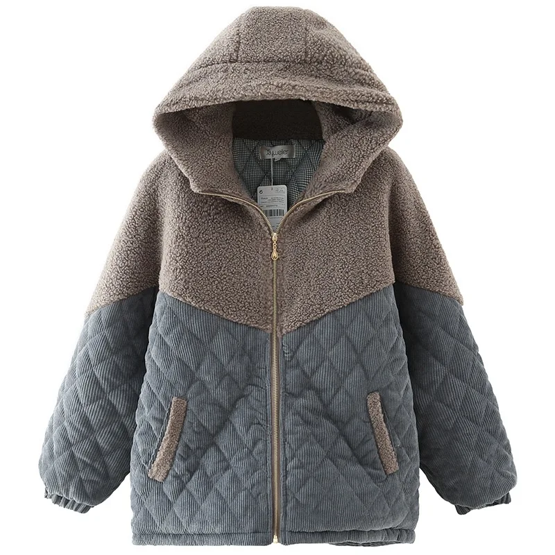 Winter Parka Women Plus Size Padded Jacket Fleece Splice Corduroy Hooded Thick Coat Warm Outerwear Fashion Loose Clothes