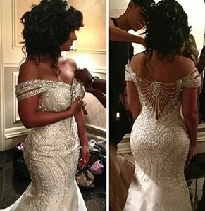 Mermaid Organza Beading Backless Sequin Off Shoulder Gowns Sweep Train Wedding Dresses Custom Made Bridal Vestidos
