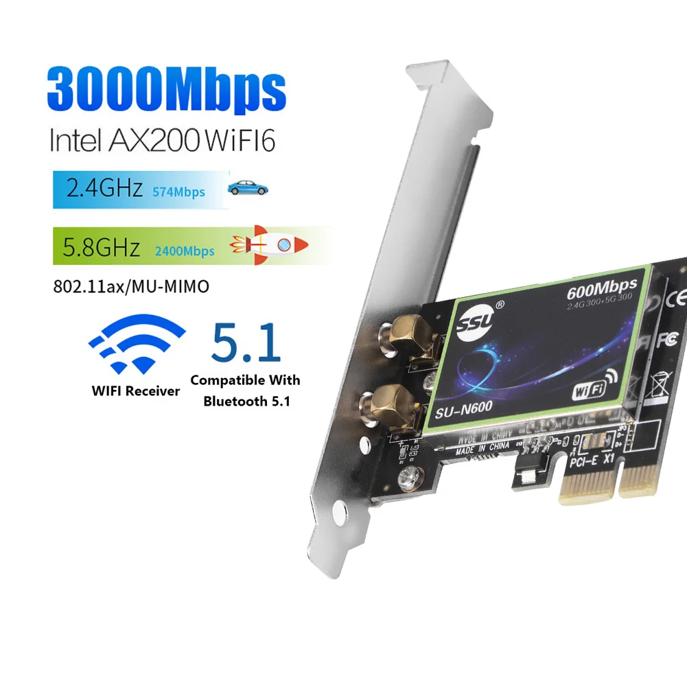 

3000 Мбит/с WiFi 6 Intel AX200 PCIe беспроводной сетевой адаптер двухдиапазонный 2,4G/5 ГГц 802.11AX/AC Bluetooth 5,1 для ПК настольного компьютера Windows 10