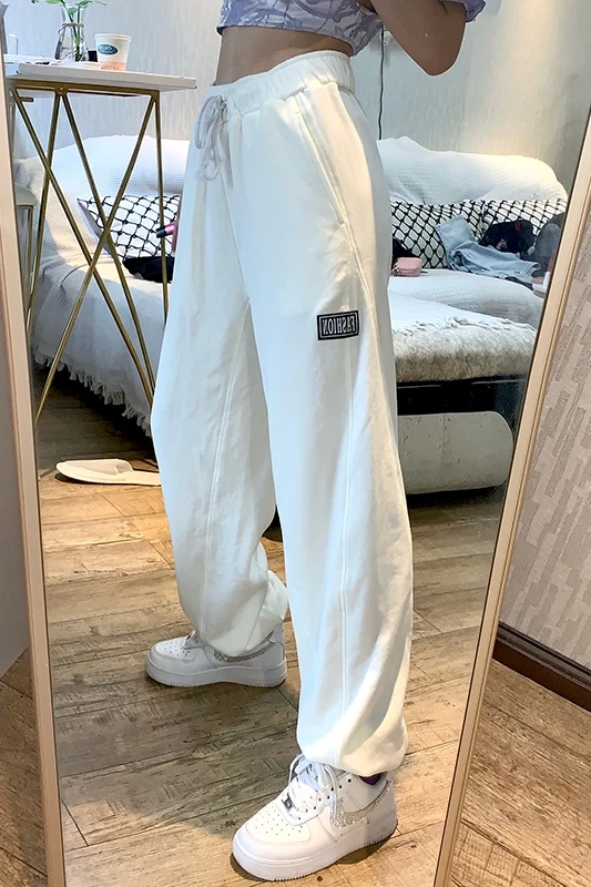 

Hong Kong flavor sports leisure style trousers high waist slim personality patch elastic waist tie pants women