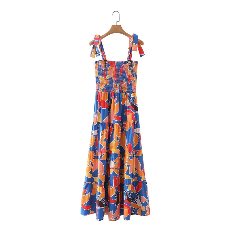 

2021 European and American summer new style small fresh fashion printed lace-up waist sling square neck A-line dress women