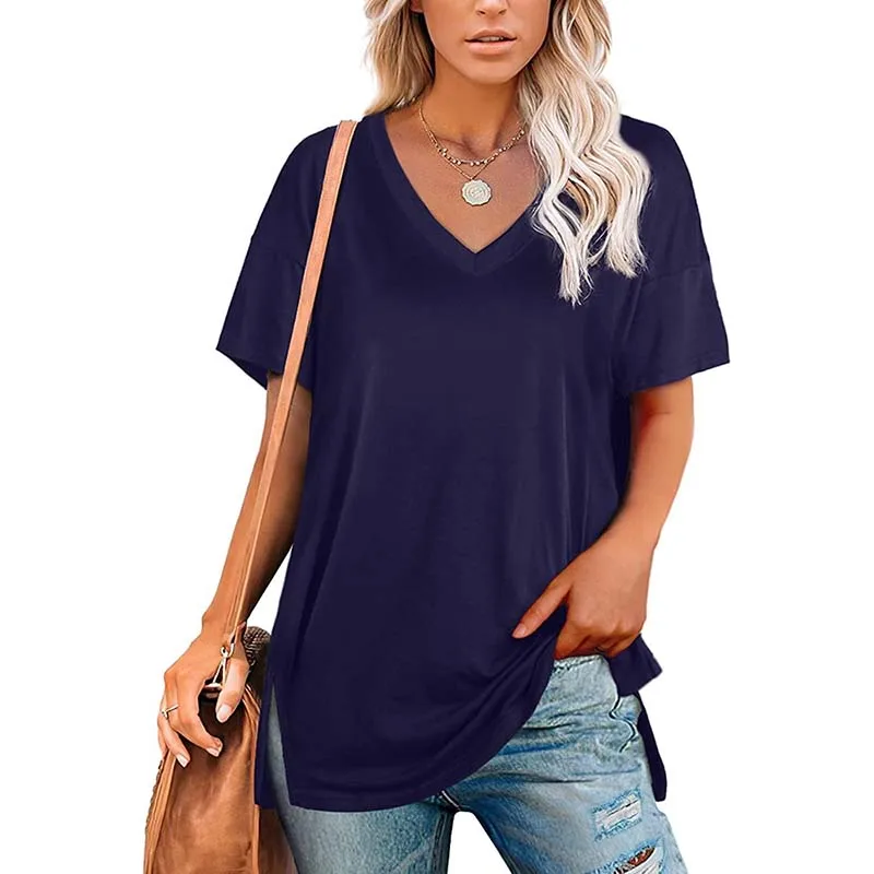 

2021 Summer Solid Color T Shirt Women Clothes Casual V-neck Short Sleeve Elegant Home Tops Loose Soft Plus Size Tee Shirt Femme