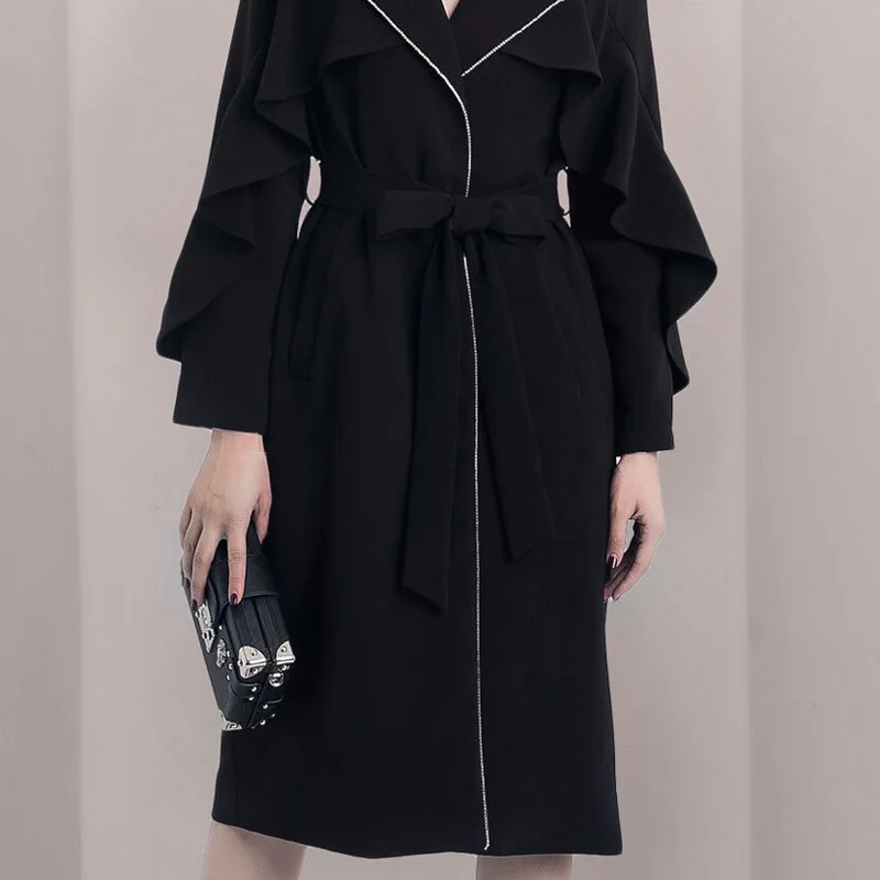 

{DEAT} Women Black Bandage Covered Button Trench New Lapel Long Sleeve Loose Fit Windbreaker Fashion Tide Summer 2021 7E0159