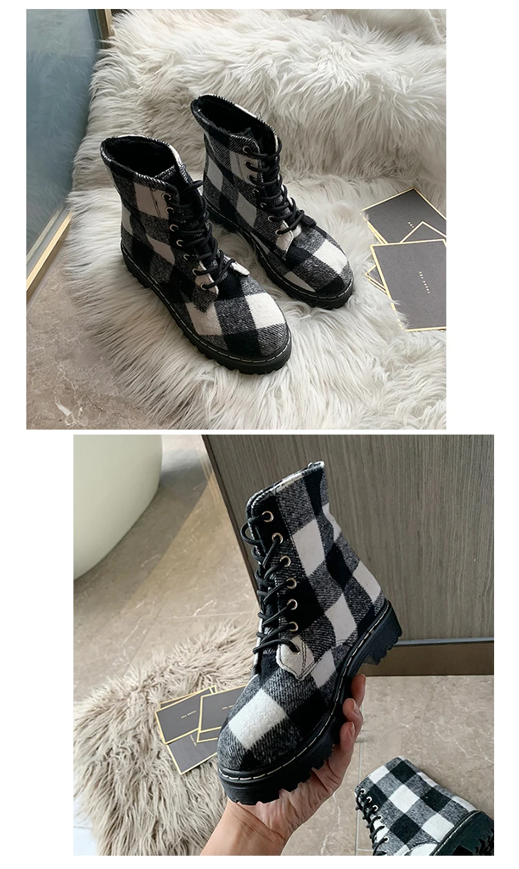 Winter Luxury Designer Patchwork Plaid Boots British Style Women Thick Heels Martin Boots Chic Plus Velvet Ladies Lace Up Shoes