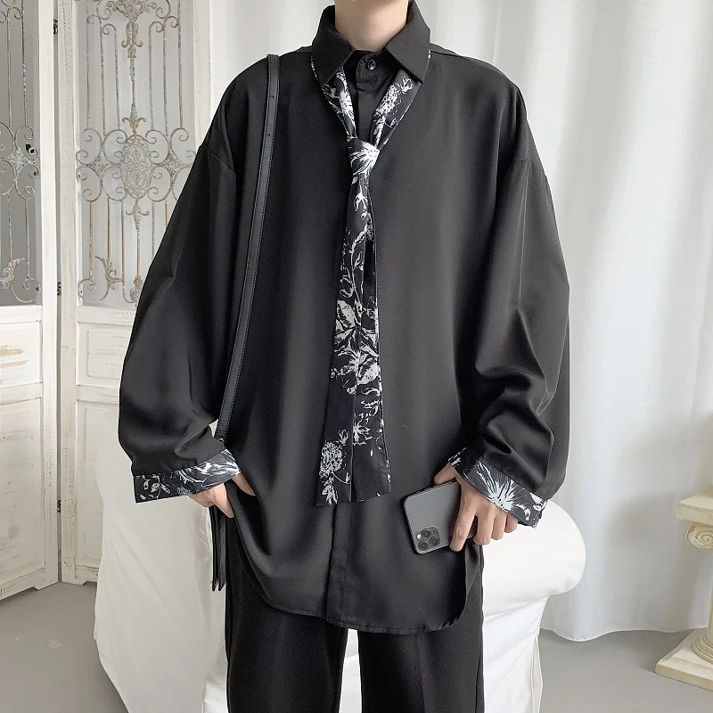 

High Quality Men's Solid Color Business Casual Shirt Tie Korean Fashion Loose Harajuku Streetwear Japanese Long Sleeve Shirt