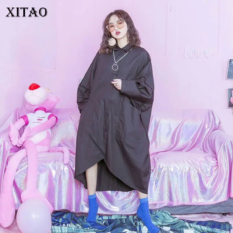 

XITAO New Spring Batwing Sleeve Single Breasted Europe Female Dress Turn-down Collar Solid Color Mid-calf Dress XWW3359