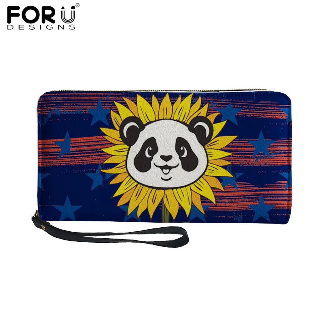 

FORUDESIGNS Panda with Sunflower Print Flag Design Leather Women Wallets Money Coin Purse Clutch Zipper Card Passport Sac Mujer