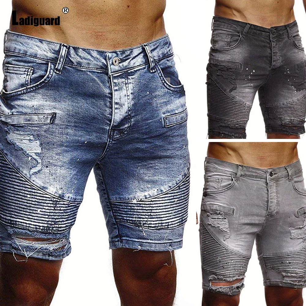 Men's Denim Shorts Sexy Hole Ripped Jean Half Pants Blue Gray Buttons Pocket Summer New Casual Demin Short Jeans Male Clothing