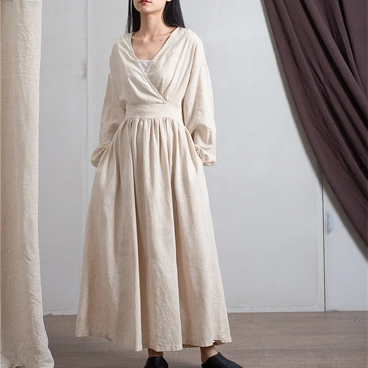 Женское винтажное платье длинное А силуэта из хлопка и льна с треугольным