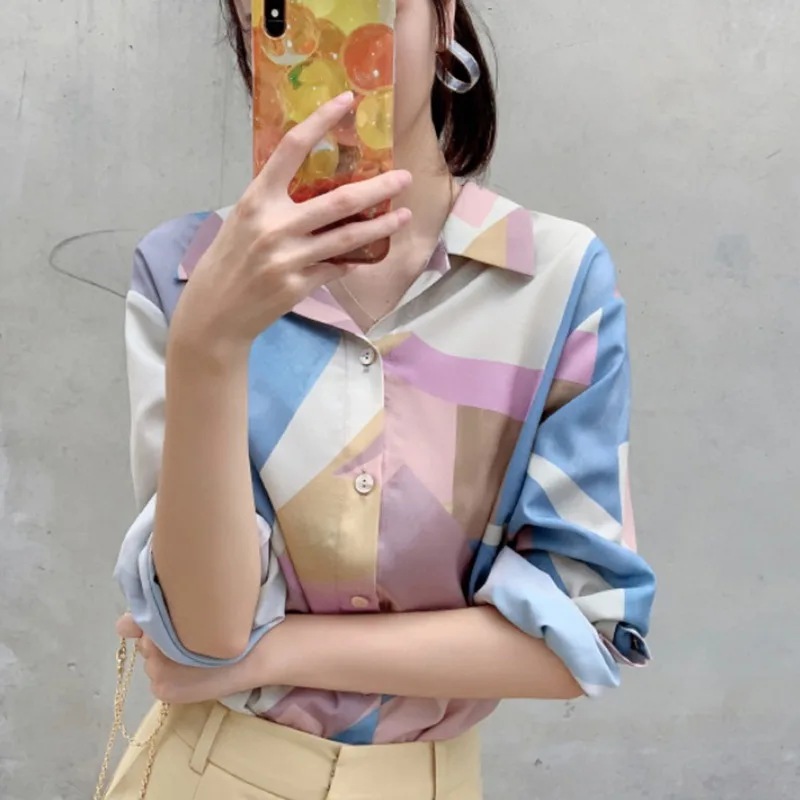 

2019 Harajuku шифоновая блузка с принтом корейская модная повседневная рубашка Осенние рубашки с длинными рукавами и отложным воротником женски...