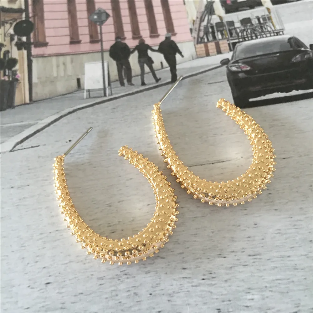 

Bohemia Gold Color Plating Textured Oval Hoop Earrings For Women Casual Elegant Graceful Jewelry Accessory High Quality