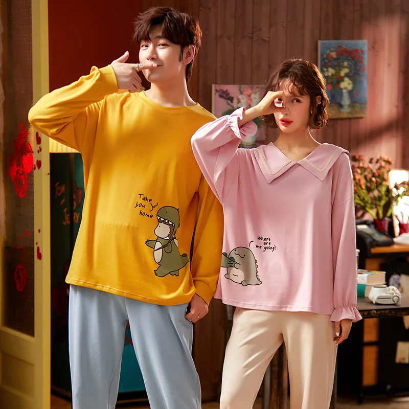 Новинка осенне-зимние хлопковые Пижамные комплекты для пар брюки с круглым