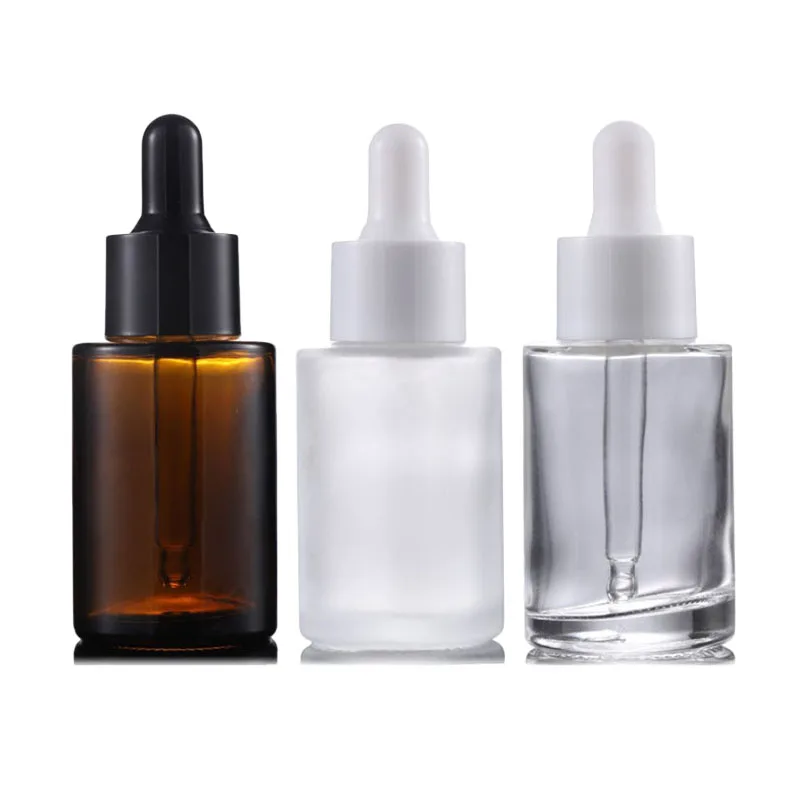

10pcs 30ml 1oz Empty Flat Shoulder Frosted Clear Amber Glass Essential Oil Serum Bottle With Glass Dropper