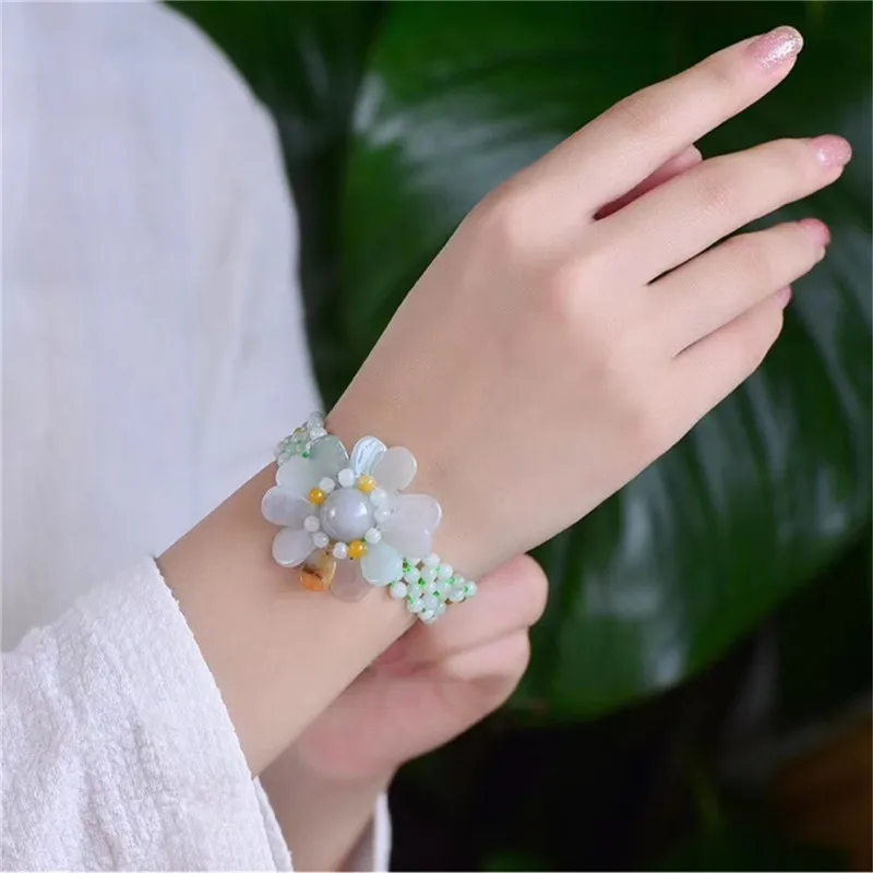 

Luxury Jewelry Pure Natural Jadeite Bracelet Hand-knitted Sun Flower Jade Stone For Women Beads Weaving Vintage Ethnic Bracelets