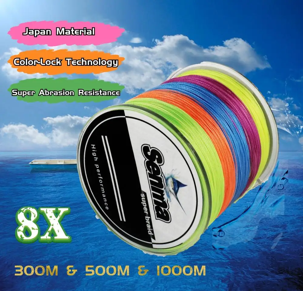 Senma 8X300 м, 500 м, 1000 м, PE леска, 8 нитей, плетеная леска, 10-100 фунтов, многофиламентная леска, гладкая