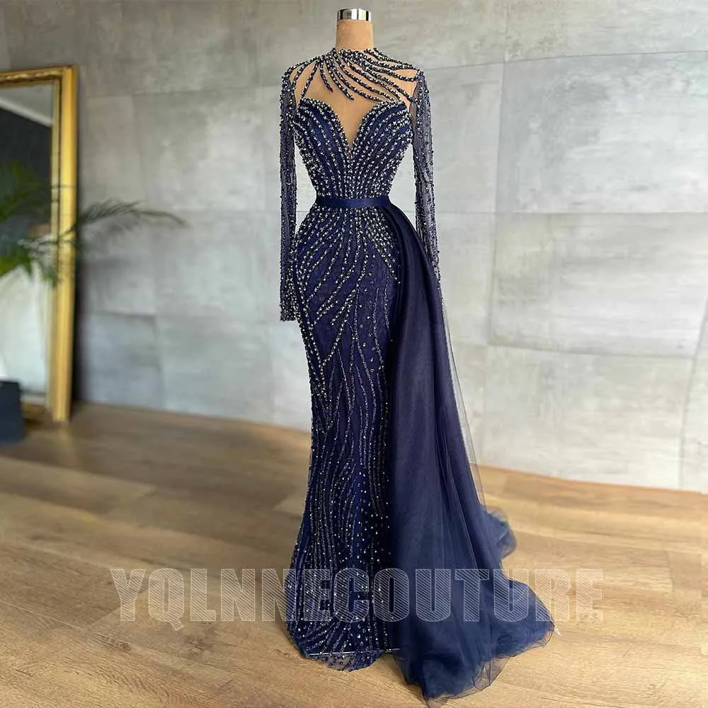 Elegant Long Sleeve Navy Rhinestones Evening Dresses High Neck Tulle Lace Beaded Formal Women Party Gowns Mermaid