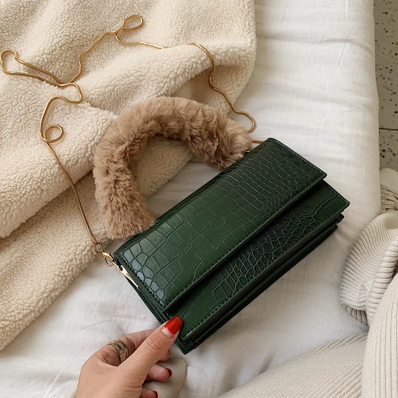 

Plush Handle PU Leather Handbags Women Chain Shoulder Bag Alligator Crossbody Bag Women Messenger Bags Bolso de hombro