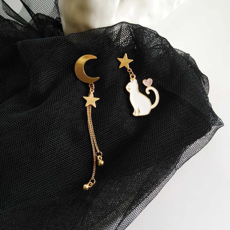 

Asymmetric Cute Cat Earrings For Women Stainless Steel Star Moon Metal Dangle Long Dangle Earrings Aesthetic Accessories Jewelry