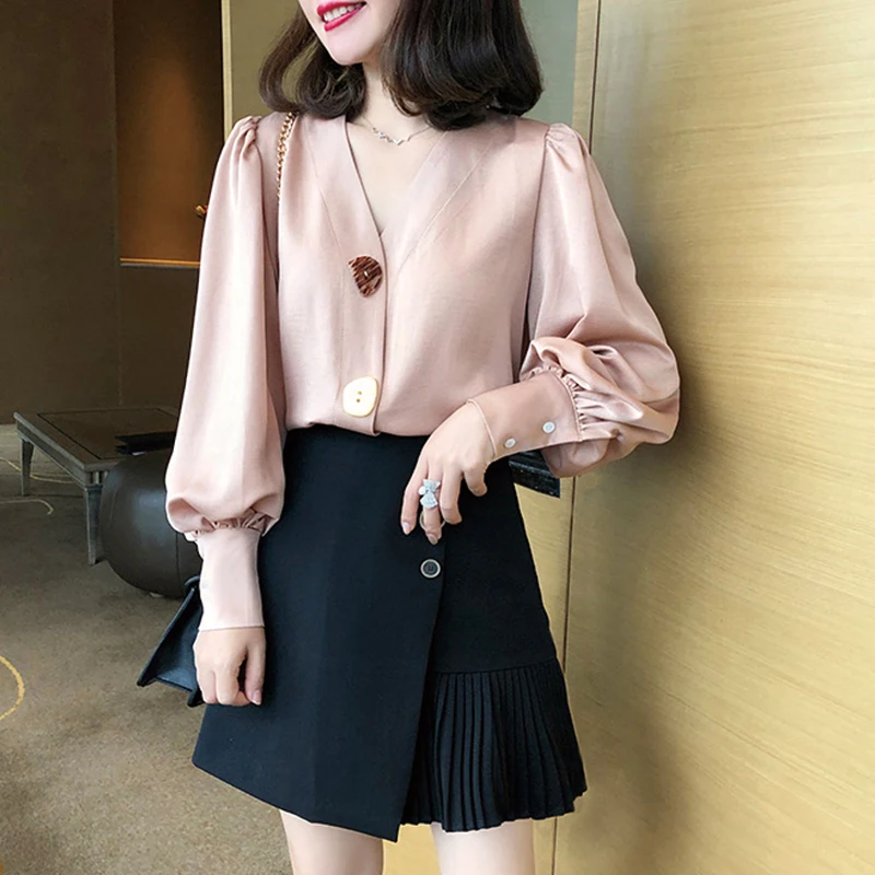 

CN New Spring Autumn Fashion Women Blouses 2021 V Sexy Elegant Solid Long Sleeved Shirt Casual Chiffon Button Blouse Women