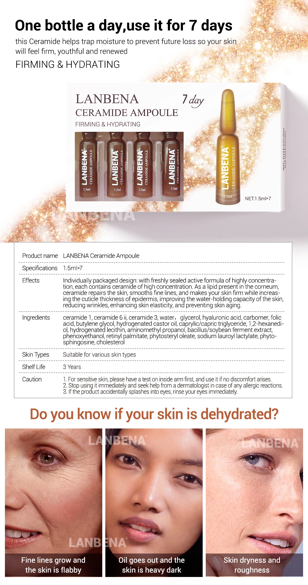 LANBENA Ceramide ампульная сыворотка укрепляющая увлажняющая против старения лифтинг питательная против морщин усадочная поры кожи уход за 7 дней