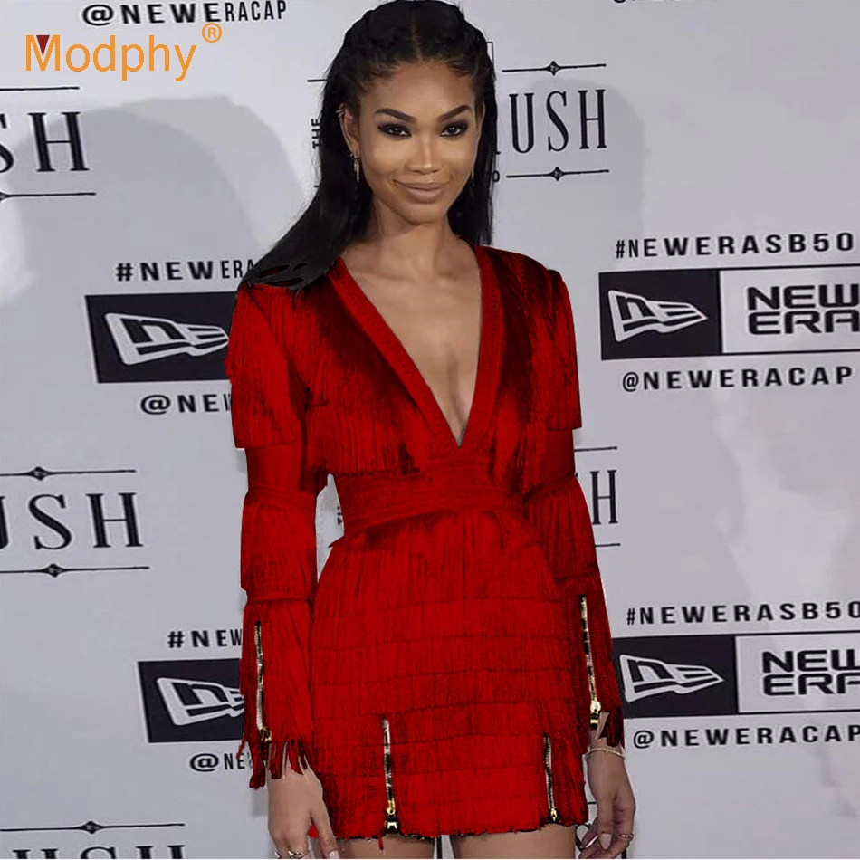 Женское платье с бахромой Белое Облегающее мини длинным рукавом и Клубное