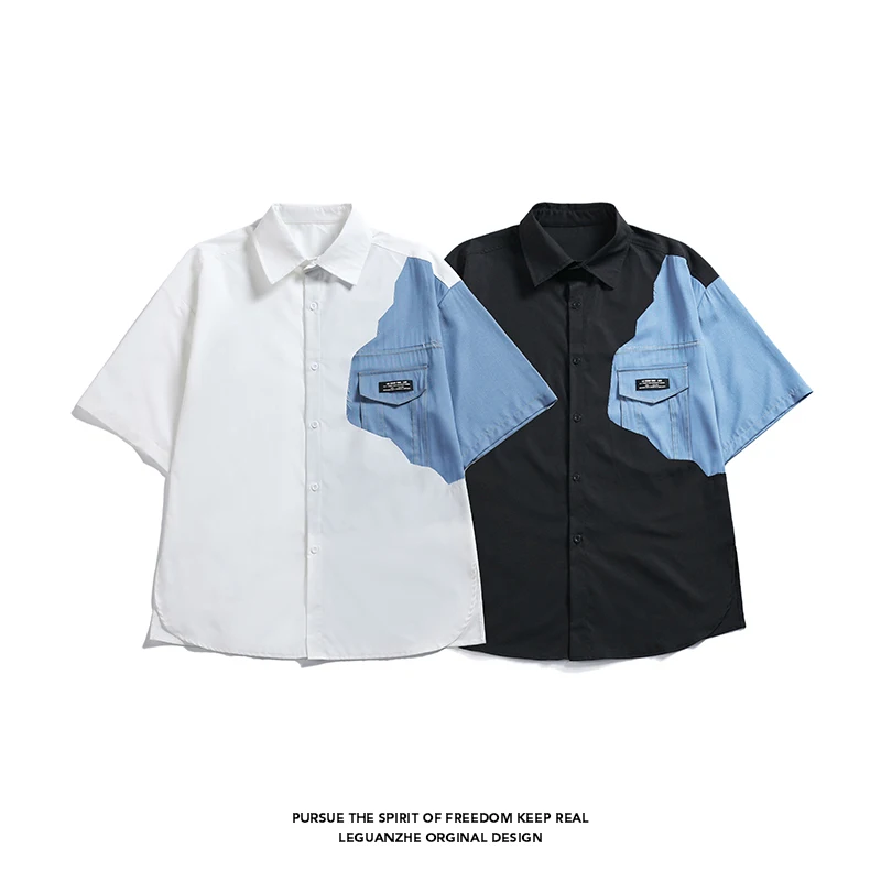 

Patchwork Brand 2021 White Black Summer Men's Beach Fashion Short Sleeve Loose Casual Janpan Style OverSIZE M-4XL 5XL Hawaiian