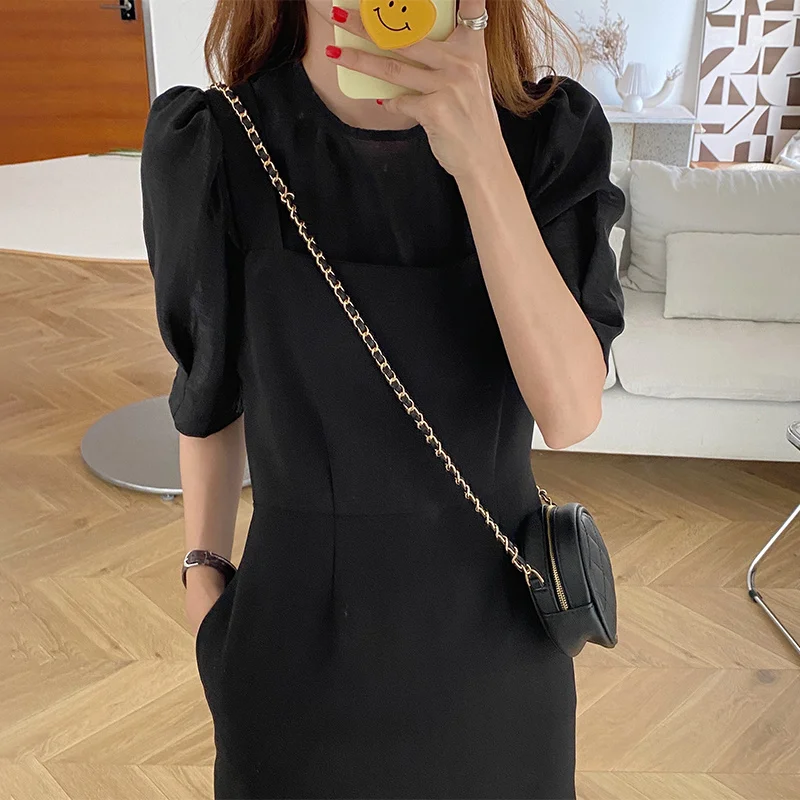 Summer New Style Retro Round Neck Micro-permeable Bubble Sleeve Shirt Waist Strap Dress | Женская одежда