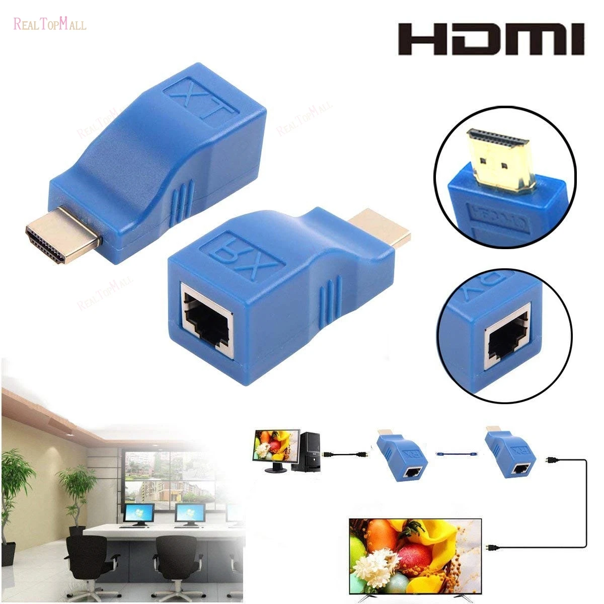 2шт 1080P HDMI удлинитель к RJ45 по Cat 5e/6 сетевой адаптер Усилитель сигнала для HDTV дисплей