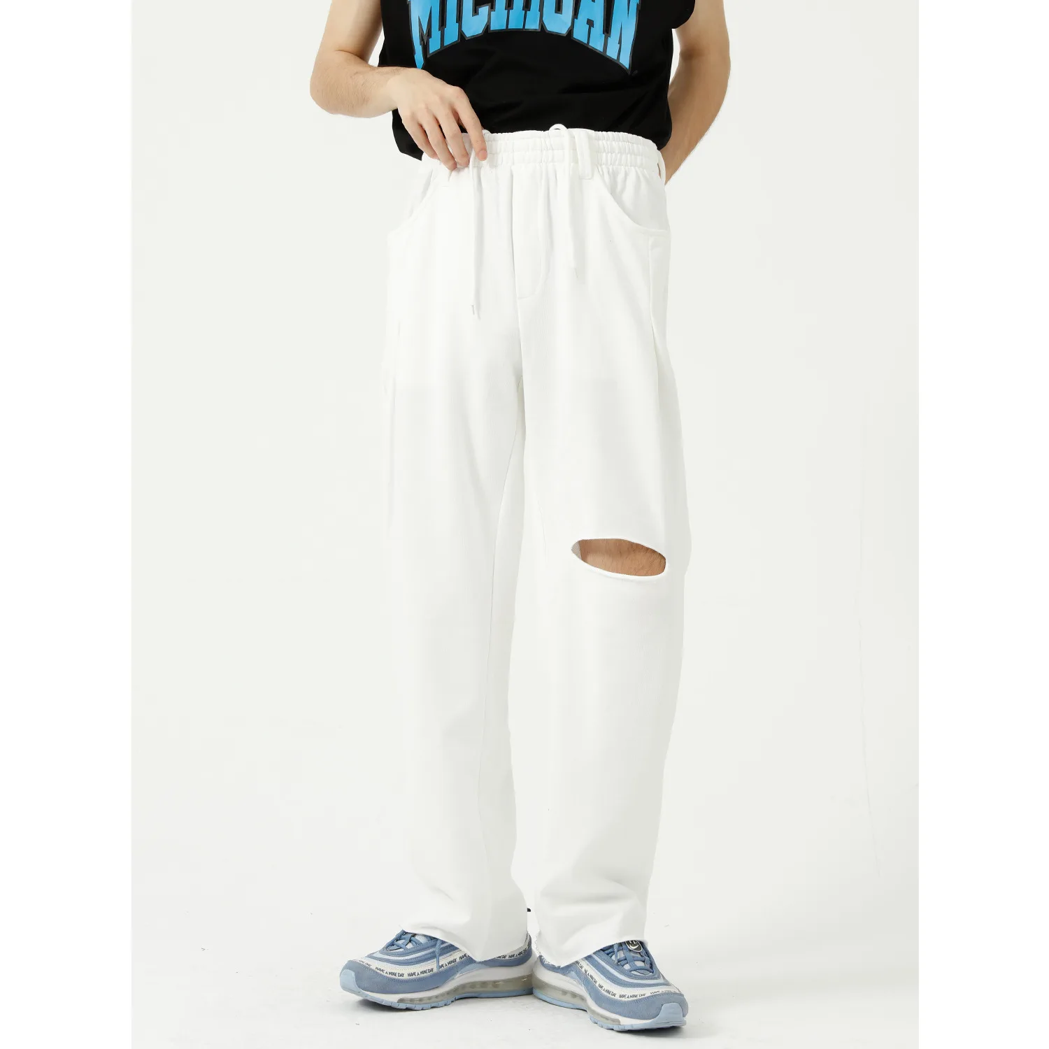 

FANAN Men's 2021 Summer New Product Loose Solid Color Trousers Men's Simple Wide-leg Straight Loose Trousers with Holes